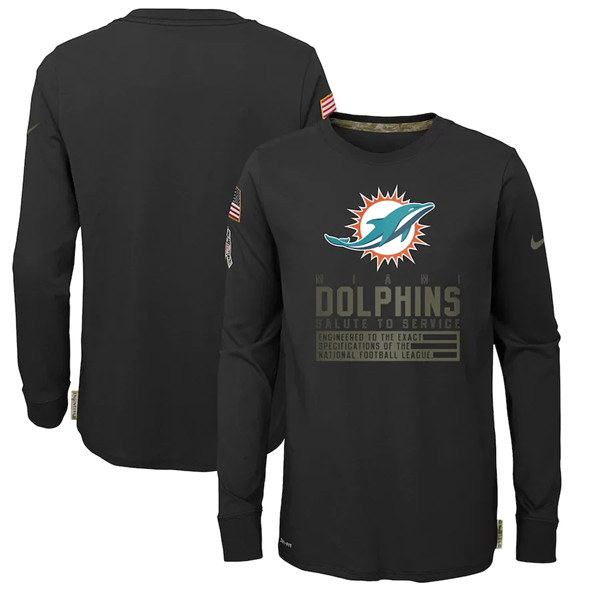 Youth Miami Dolphins Black NFL 2020 Salute To Service Sideline Performance Long Sleeve T-Shirt
